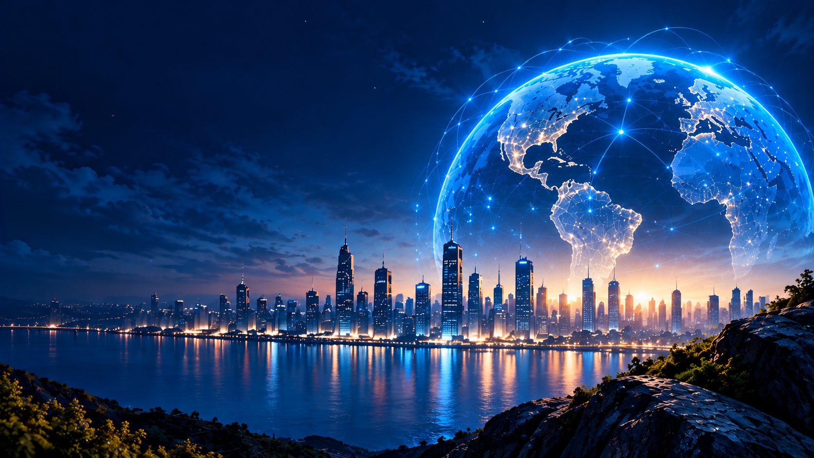 Futuristic global city and digital globe